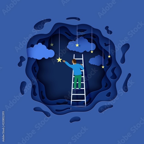 Man on a ladder to pick the star above cloud in paper cut style. Papercut businessman climbing on ladder to sky and trying to catch dream star. Follow your dreams vector motivational poster concept