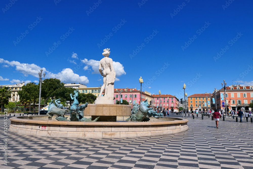 The Place Massena, a famous square with fountain in Nice, French Riviera.