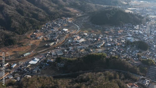 Shigaraki, Koka District of Shiga Japan. Wide Aerial view at Sunset photo