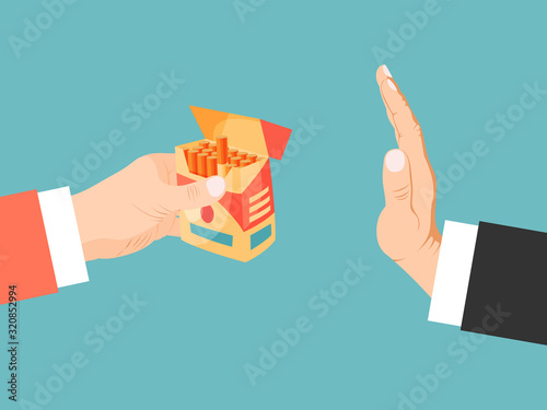 Tobacco addiction and refused hand. Hand offers cigarettes to person refuses vector illustration. Stop smoking concept