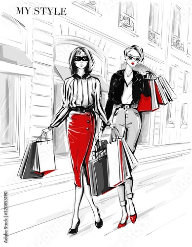 Photography Hand drawn beautiful two young women with shopping bags