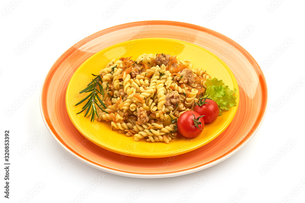 Fusilli pasta with minced meat, isolated on white background Fusilli pasta with minced meat, isolated on white background