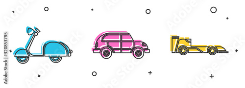 Set Scooter, Hatchback car and Formula race car icon. Vector