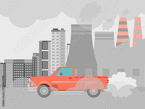 Pollution air by cars vector illustration. Cities road smog, factories and industrial smoke. Urban traffic jam with toxic gas environment pollution.