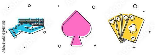 Set Hand holding deck of playing cards, Playing card with spades symbol and Playing cards icon. Vector