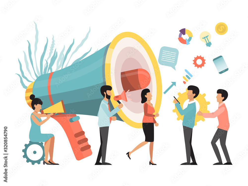 Naklejka premium People with megaphone making announcement business promotion, advertising, call through the horn, online alerting vector illustration