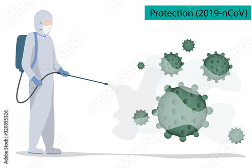 Men wearing chemical protective suit Spraying chemical to protect coronavirus ( 2019 - nCoV ) concept