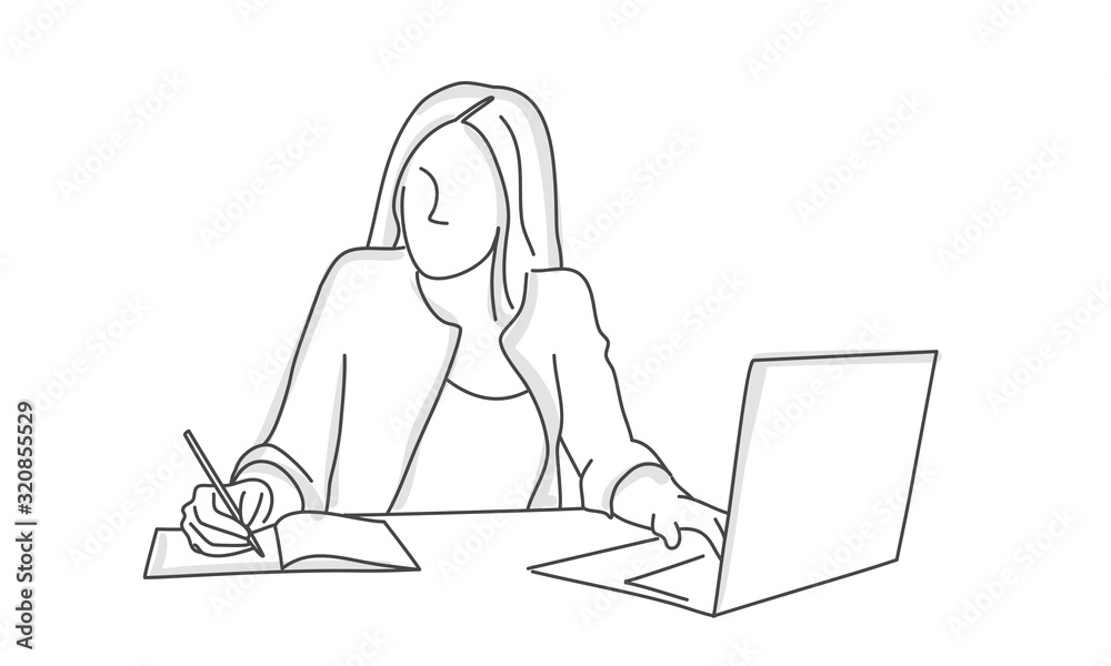 Woman using laptop and writing in a diary on her working desk. Line