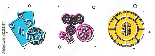 Set Casino chip and playing cards, Casino chips, game dice and glass of whiskey with ice cubes and Casino chip with dollar symbol icon. Vector