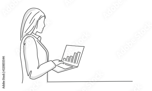 Businesswoman analyzing statistics on laptop screen. Line drawing vector illustration.