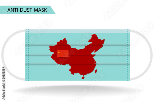 China map with Flag is on anti dust mask isolate with shadow