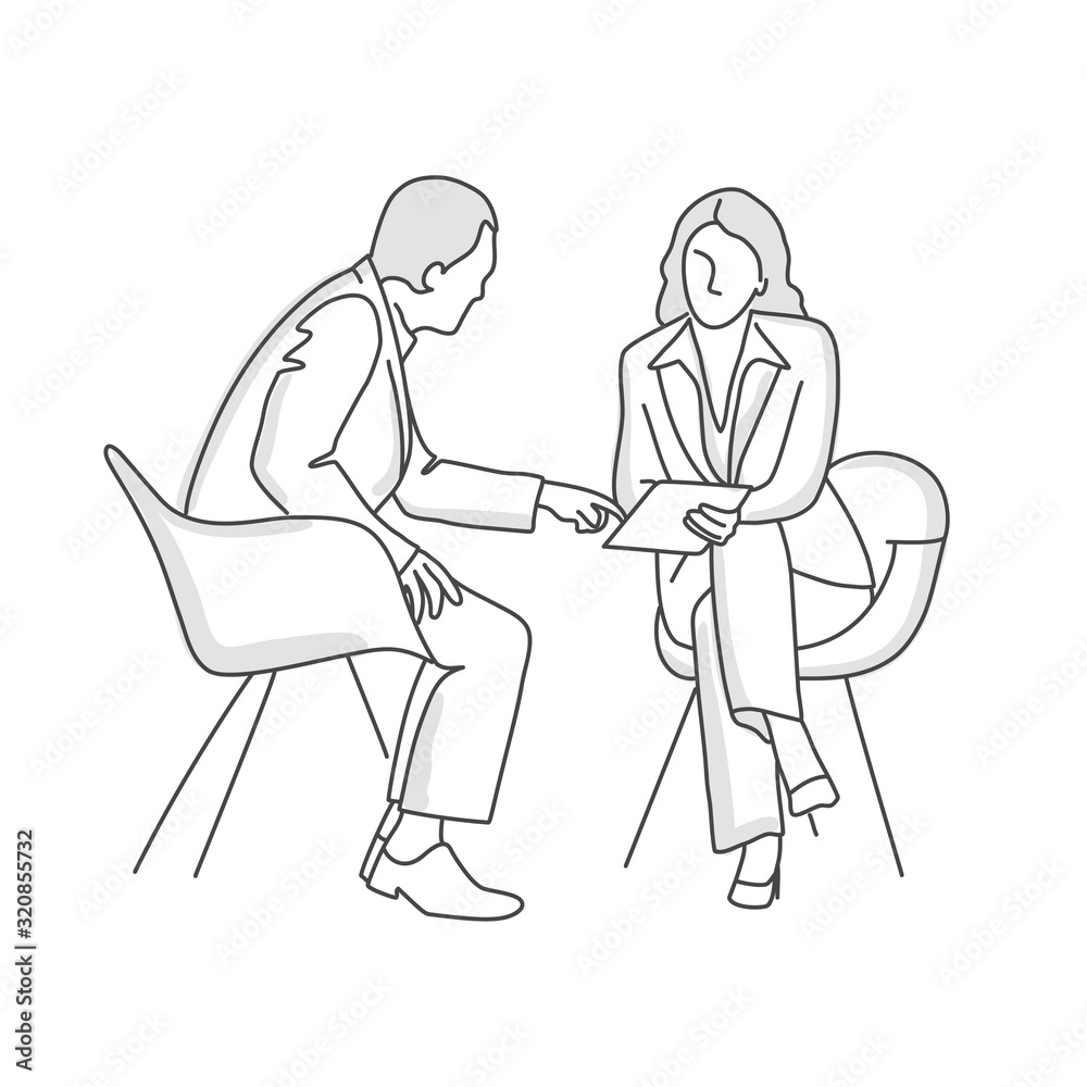 Couple sitting in armchairs. Man pointing at tablet. Line drawing vector illustration. Couple sitting in armchairs. Man pointing at tablet. Line drawing vector illustration.