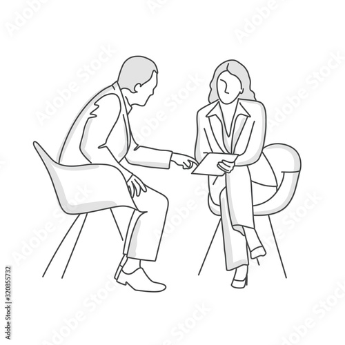 Couple sitting in armchairs. Man pointing at tablet. Line drawing vector illustration.