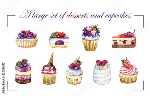 A large set of sweet desserts and cute cupcakes  with