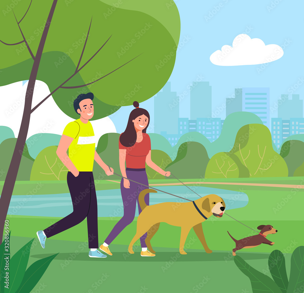 Woman and man is walking with a dogs in the city park. Vector flat style illustration