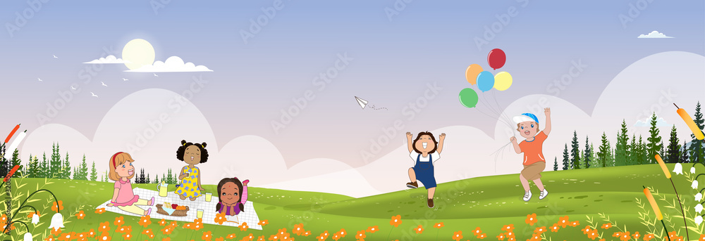 Cute cartoon group of kids having picnic in the park in sunny day spring,Children sitting on blanket and eating sandwich and fresh juice for their lunch. Schoolchildren relaxing outdoor in summer.