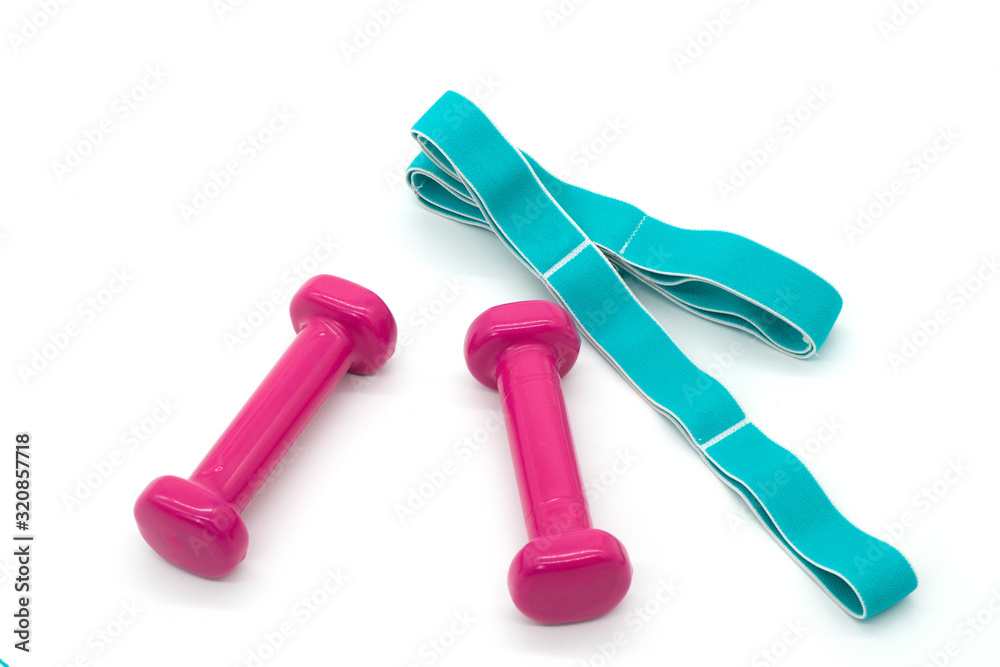 Pink baby dumbbells and turquoise gymnastic elastic band for stretching Pink baby dumbbells and turquoise gymnastic elastic band for stretching