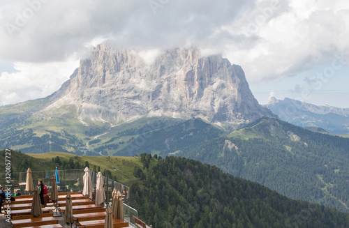 August 28, 2019: Panoramic view of mount Sassolungo and Sassopiatto, Italian Dolomites