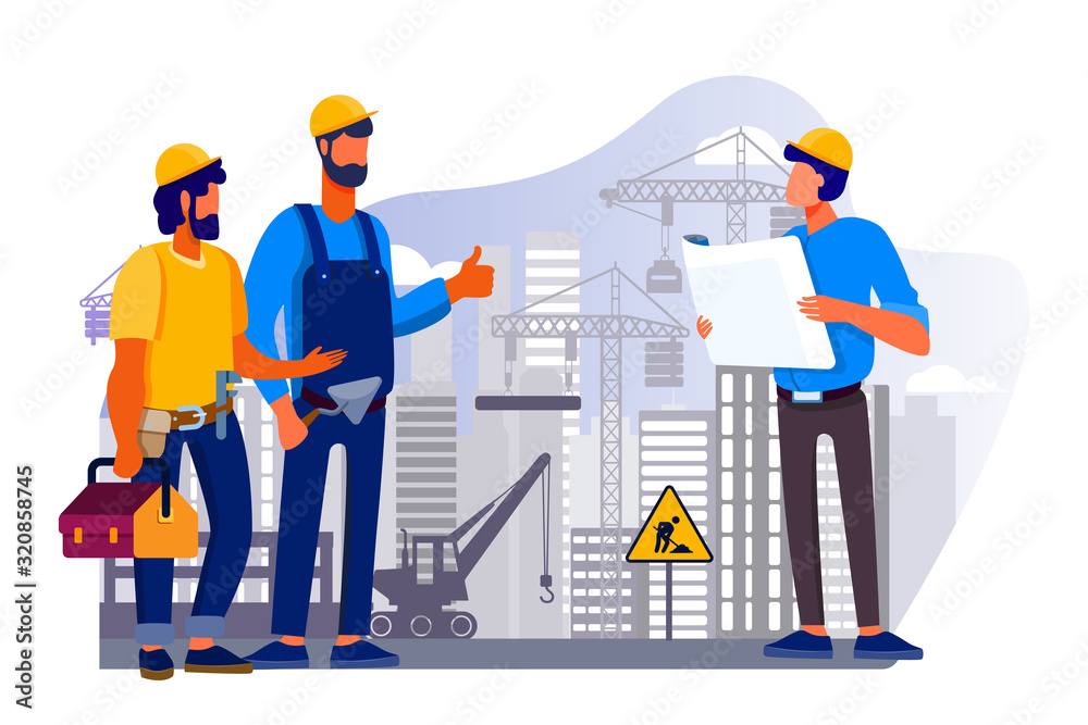 Engineers team discussing issues at construction site flat vector illustration. Foreman looking at construction project plan. Building and engineering concept. Machinery and crane on background Engineers team discussing issues at construction site flat vector illustration. Foreman looking at construction project plan. Building and engineering concept. Machinery and crane on background