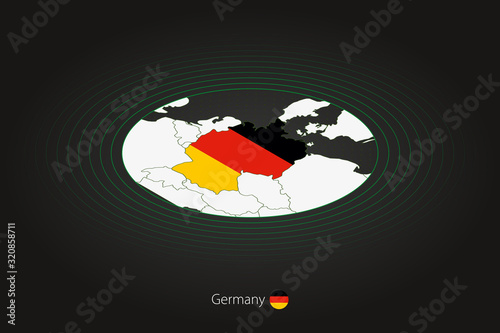 Germany map in dark color, oval map with neighboring countries.