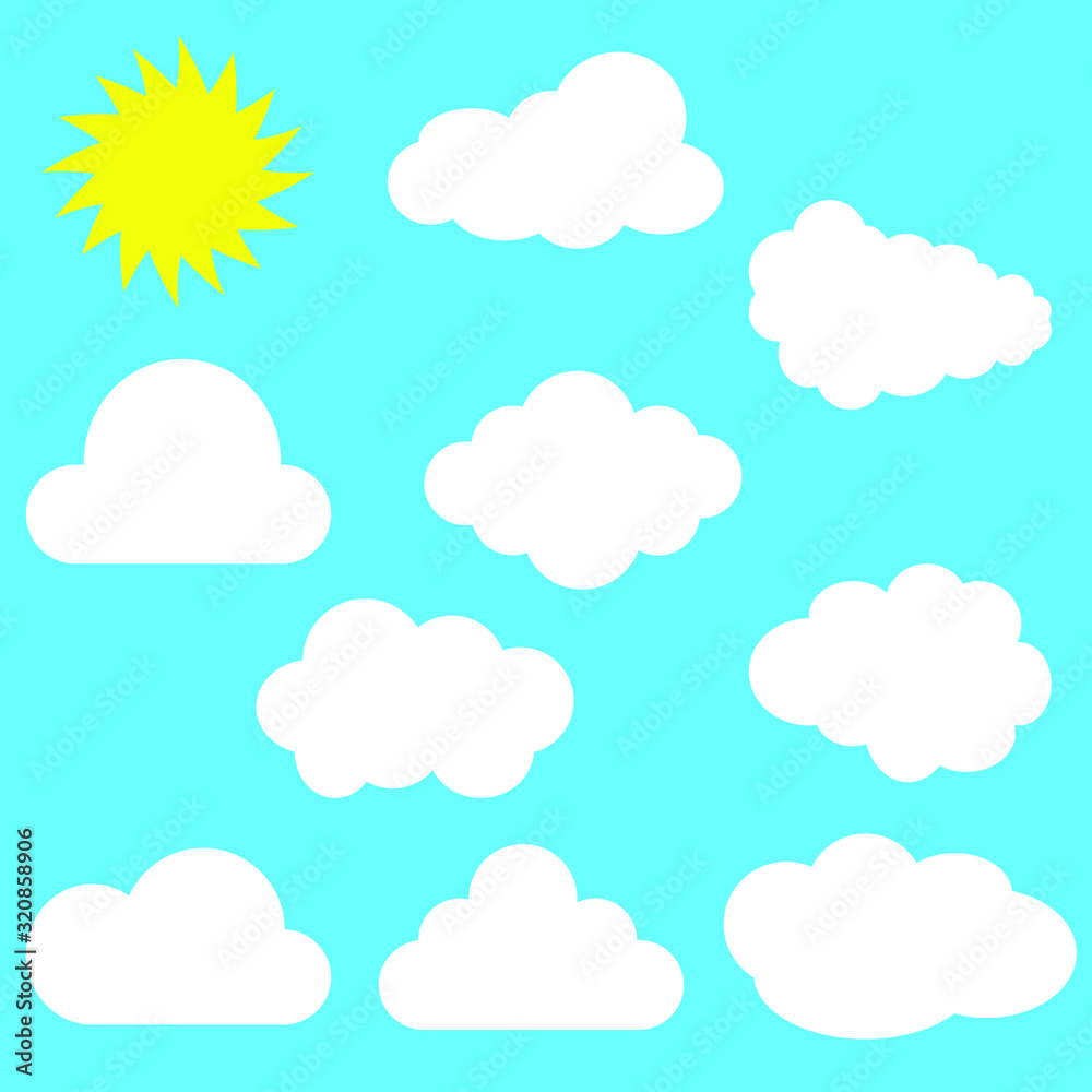 Cloudscape in flat style, blue sky with clouds and sun, vector. Cloudscape in flat style, blue sky with clouds and sun, vector.