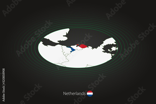 Netherlands map in dark color, oval map with neighboring countries.