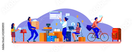 People working at post office flat vector illustration. Shipping and delivery service concept. Mail and parcels delivery cycle. Work process inside view.