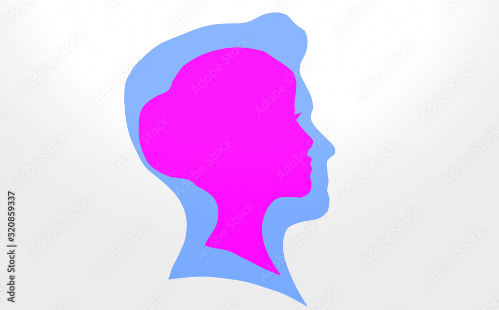 Silhouetted by men and women. Head in blue and pink on a white background. Relationship 3D rendering
