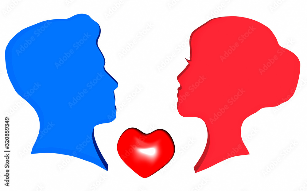  Image of a female and male face. Turned towards each other. Faces blue and pink. Heart. Force people. Relations. Feelings. 3d rendering.