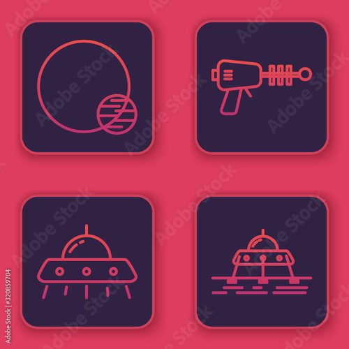 Set line Planet, UFO flying spaceship, Ray gun and Mars rover. Blue square button. Vector