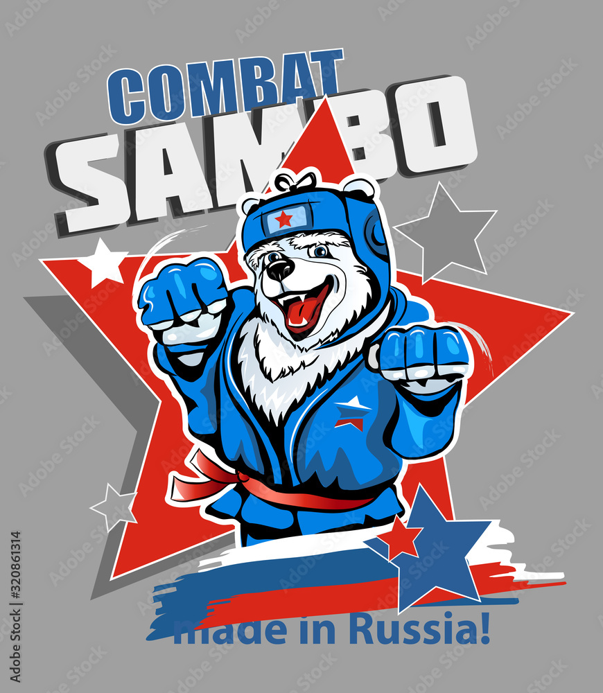 Naklejka premium Russian polar bear wrestler in blue tracksuit isolated on background. Vector illustration. Combat wrestling.
