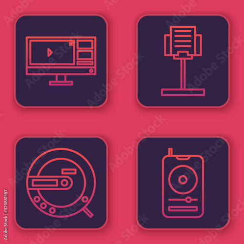 Set line Video recorder or editor software on monitor, Music CD player, Music stand and Music player. Blue square button. Vector