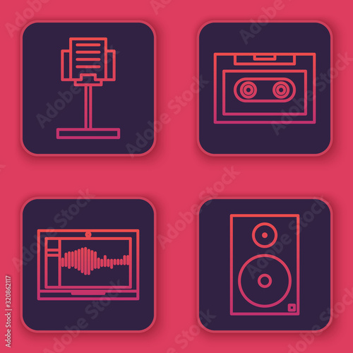 Set line Music stand, Sound or audio recorder on laptop, Retro audio cassette tape and Stereo speaker. Blue square button. Vector