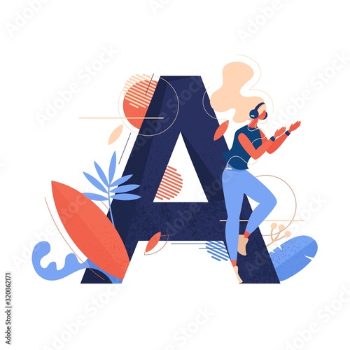 Large capital letter A decorated with woman training aerobics in heaphones, floral leaves and elements. Isolated on white background concept scene