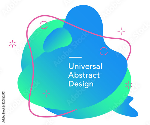 Abstract flowy background with geometrical elements. Universal flowy lines, wavy shapes. Gradient blue and green colour with contrast lines. Layout for slides, flyer or poster. Vector illustration.