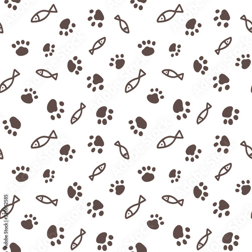 Seamless pattern with simple fish and paw print from cat steps.Design for packaging goods or textiles for animals. Objects are hand-drawn in a doodle style.