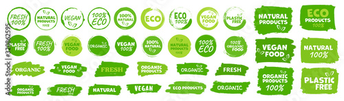 Labels and emblems organic, natural, healthy food, fresh and vegetarian food photo
