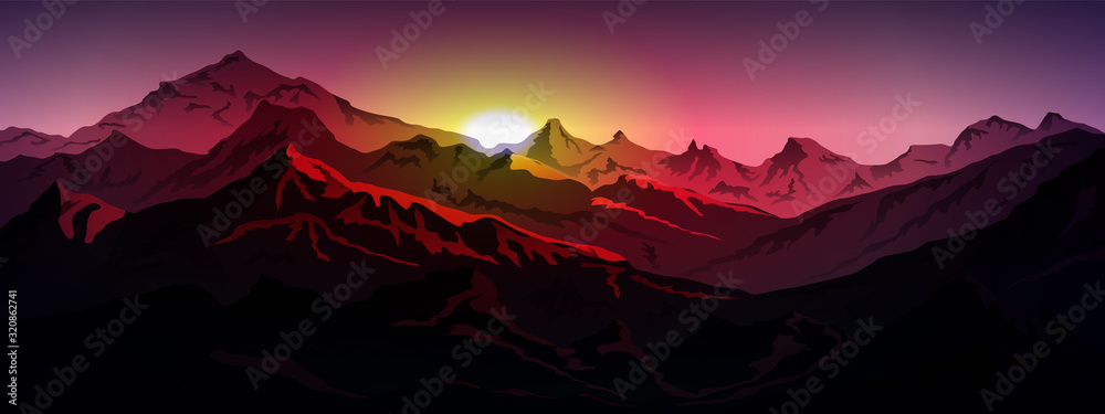 sunrice mountains eps 10 illustration background View - vector - obrazy, fototapety, plakaty 