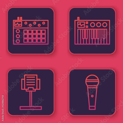 Set line Drum machine, Music stand, Music synthesizer and Microphone. Blue square button. Vector