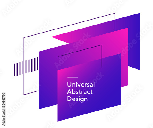 Sharp geometrical colored figures. Universal colorful shapes, straight lines. Pink and purple background with white text. Design for promo poster, flyer or banner. Vector illustration.