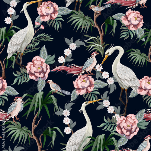 Seamless pattern in chinoiserie style with storks, birds and peonies. Vector,