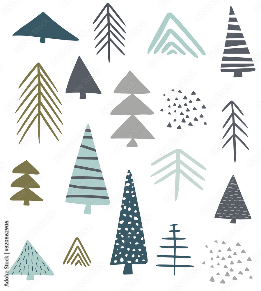 Obraz premium Woodland with cute pine trees isolated on white background vector elements. Creative scandinavian kids illustration