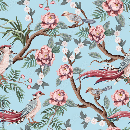 Seamless pattern in chinoiserie style with storks, birds and peonies. Vector,