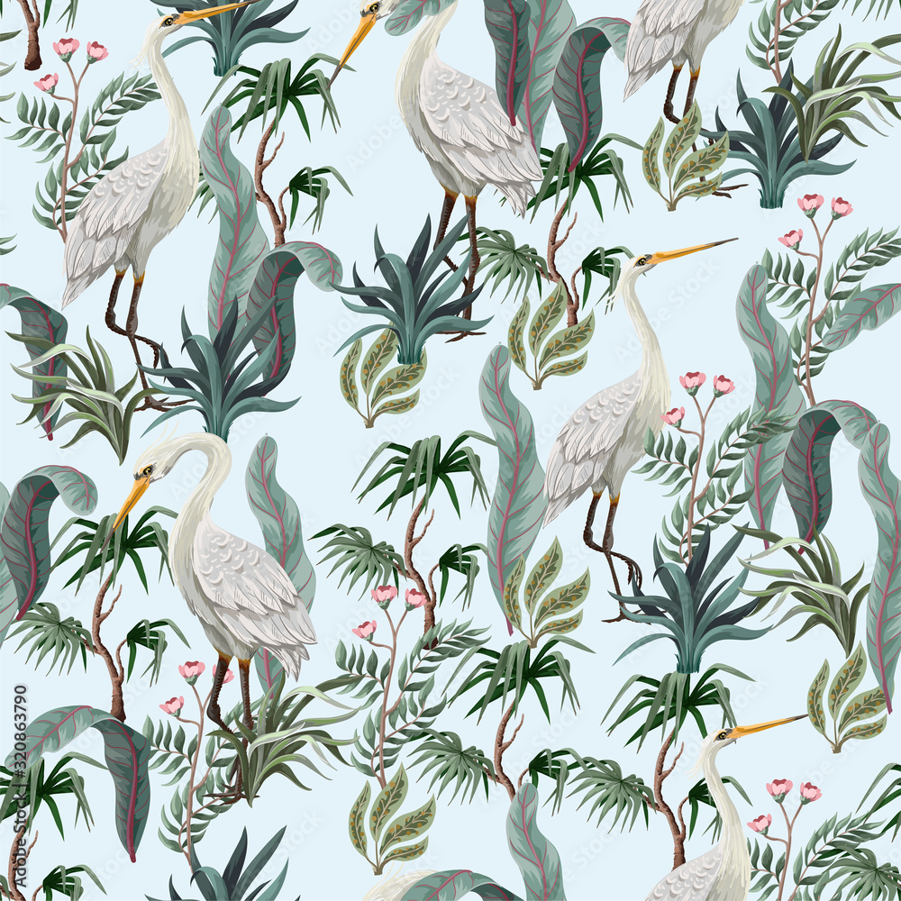 Fototapeta Seamless pattern in chinoiserie style with storks, birds and peonies. Vector,