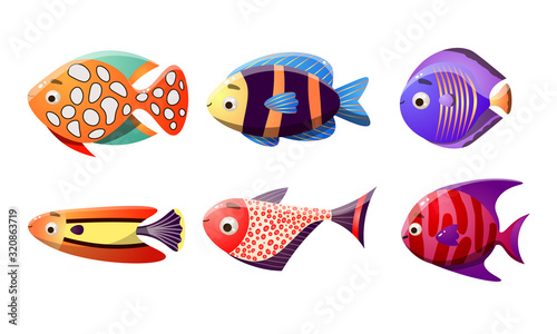 Set of different colorful coral reef fishes. Vector illustration in the flat cartoon style.