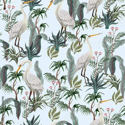 Seamless pattern in chinoiserie style with storks, birds and peonies. Vector,
