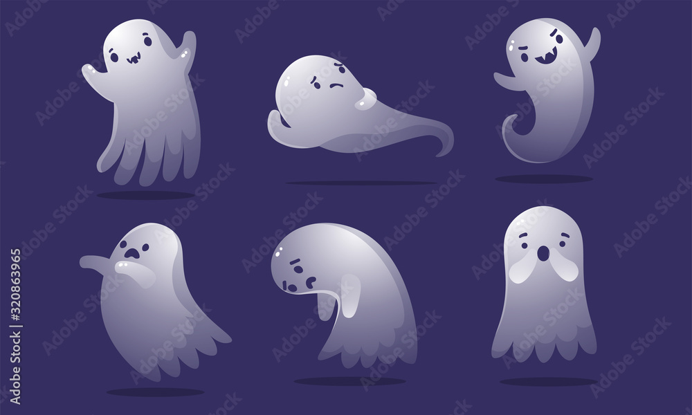 Set of cute colorful ghosts with different facial emotions. Vector illustration in flat cartoon style.