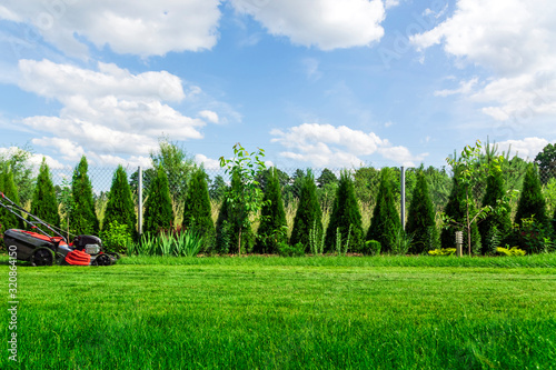 Obraz na plátně Lawn mower cutting green grass in backyard, mowing lawn
