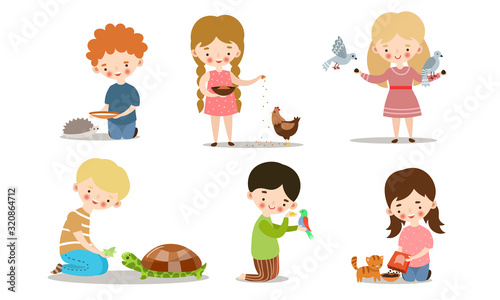 Set of kids feeding and taking care of wild and pet animals. Vector illustration in flat cartoon style.