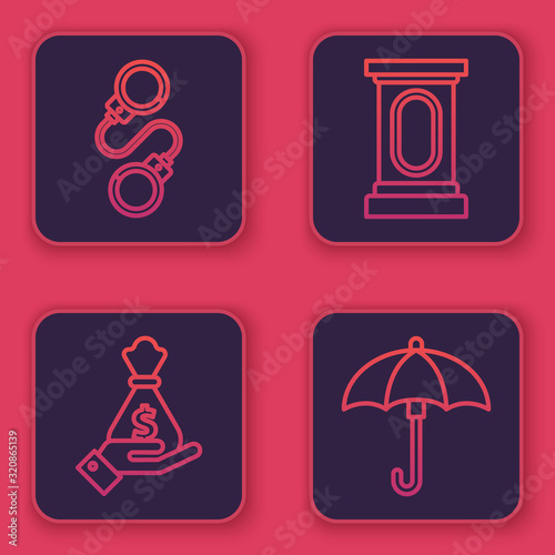 Set line Handcuffs, Hand holding money bag, Stage stand or debate podium rostrum and Umbrella. Blue square button. Vector